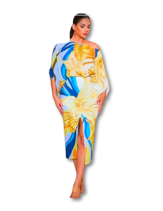Golden Bloom Off-Shoulder Dress