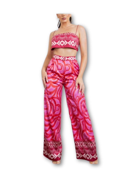 Crimson Mosaic Crop Top & Wide-Leg Pants Set